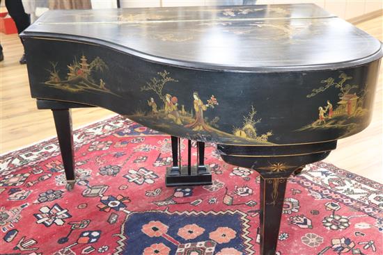 An early 20th century chinoiserie lacquer Challen baby grand piano